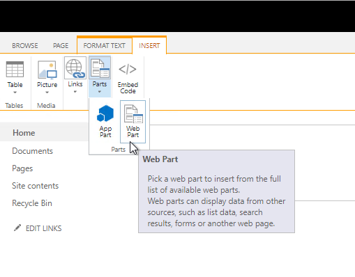 The image shows adding a dashboard to the SharePoint site